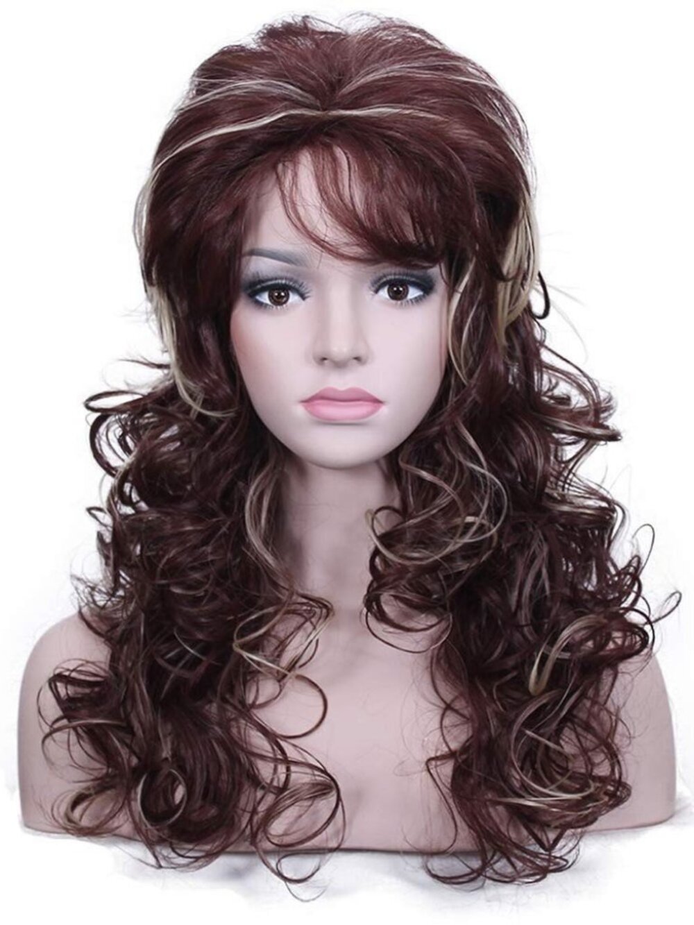 Golden Brown w Blonde Long Curly 80s Rocker Wig Women Party Costume Accessory
